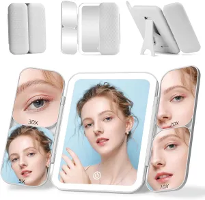 Tri-fold Vanity Mirror with Light,1X/5X/10X/20X/30X Makeup Magnifying Mirror with Lights,Rechargeable Travel Makeup Mirror with Foldable Stand,Dimmable in 3 Colors,Touch Control