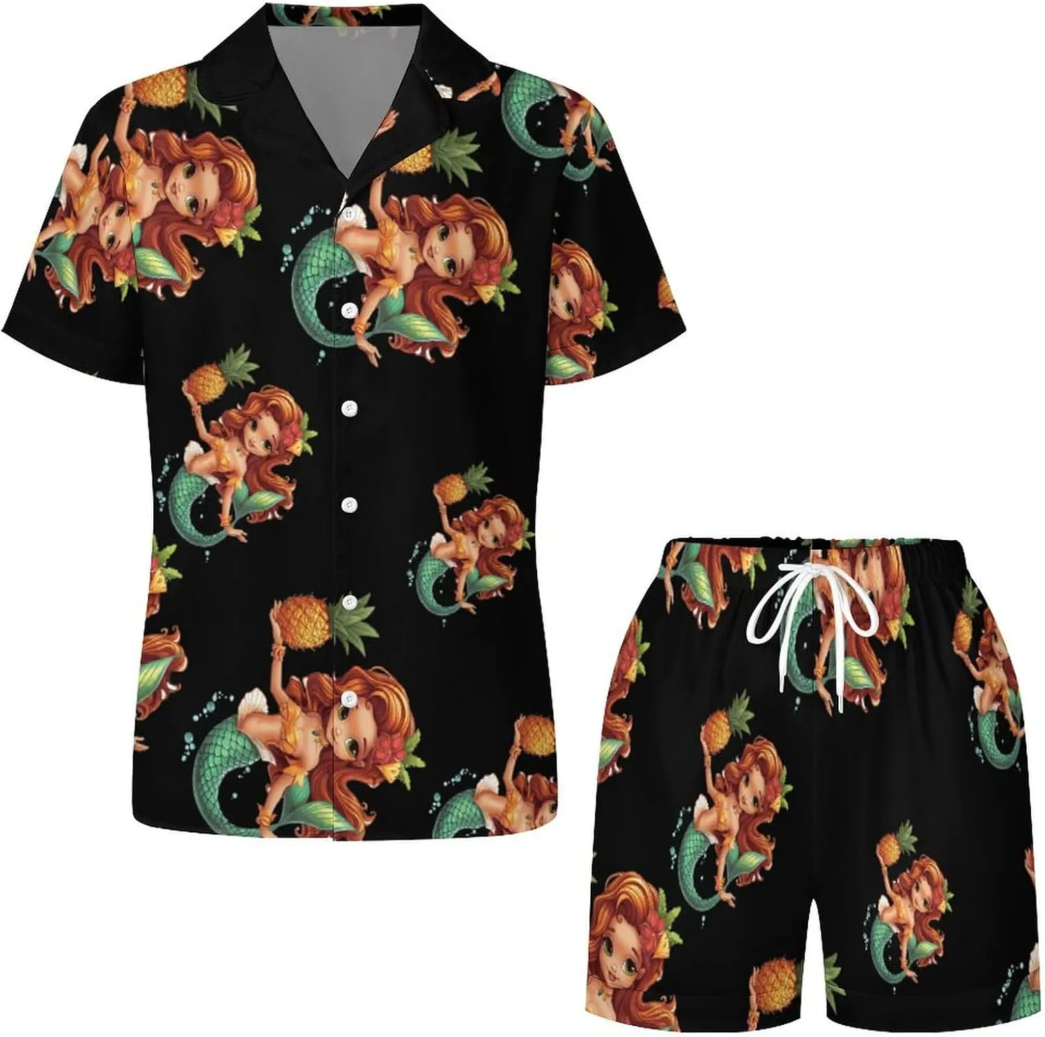 Tropical Pineapple Mermaidess Women's Satin Pajama Set Short Sleeve Button Down Sleepwear Loungewear Pj Set