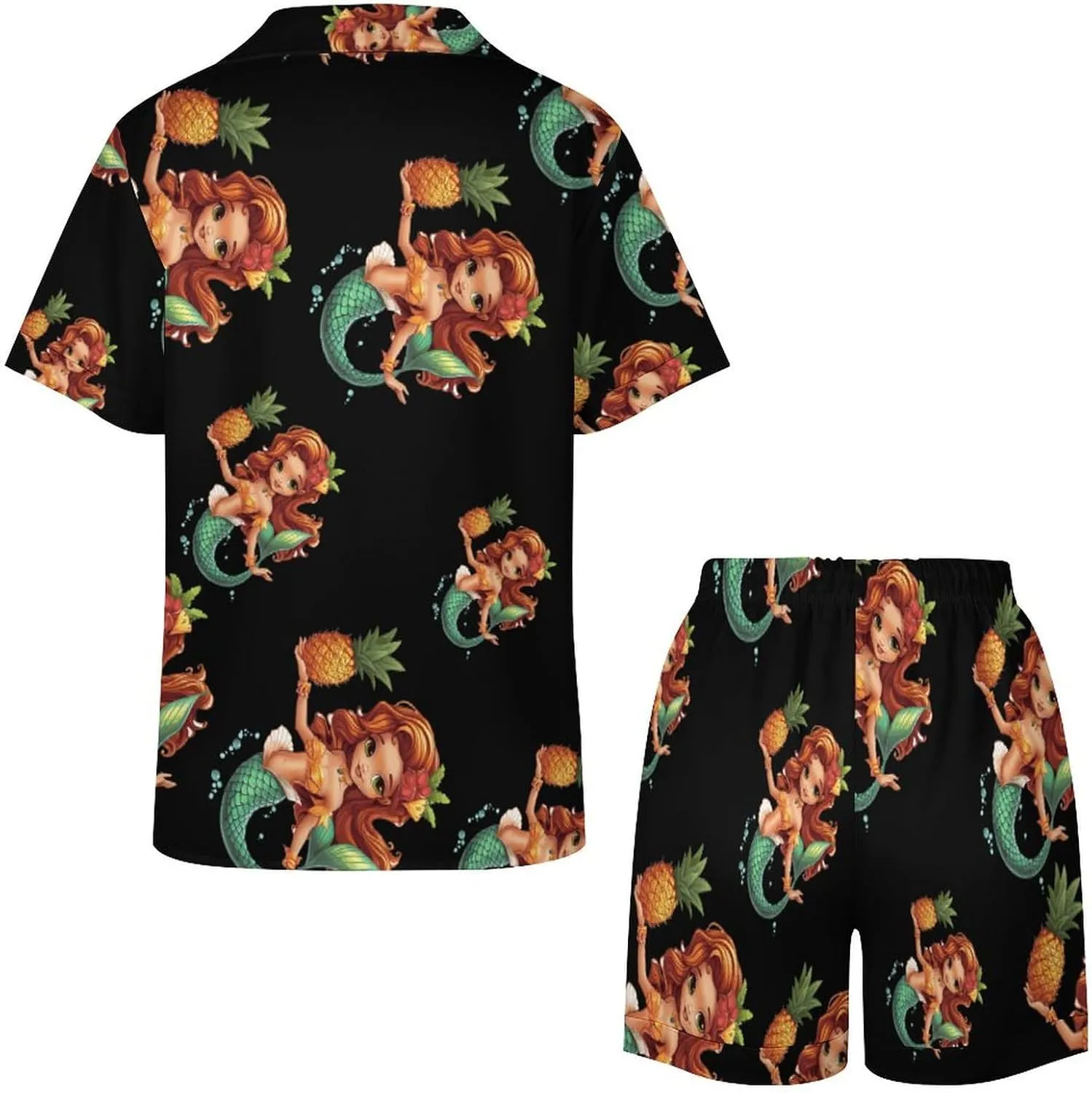 Tropical Pineapple Mermaidess Women's Satin Pajama Set Short Sleeve Button Down Sleepwear Loungewear Pj Set