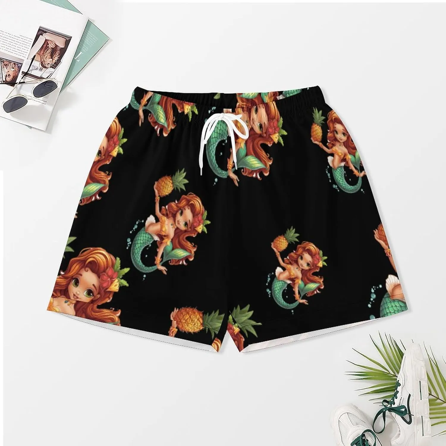 Tropical Pineapple Mermaidess Women's Satin Pajama Set Short Sleeve Button Down Sleepwear Loungewear Pj Set