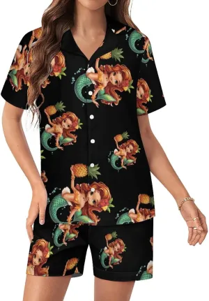 Tropical Pineapple Mermaidess Women's Satin Pajama Set Short Sleeve Button Down Sleepwear Loungewear Pj Set
