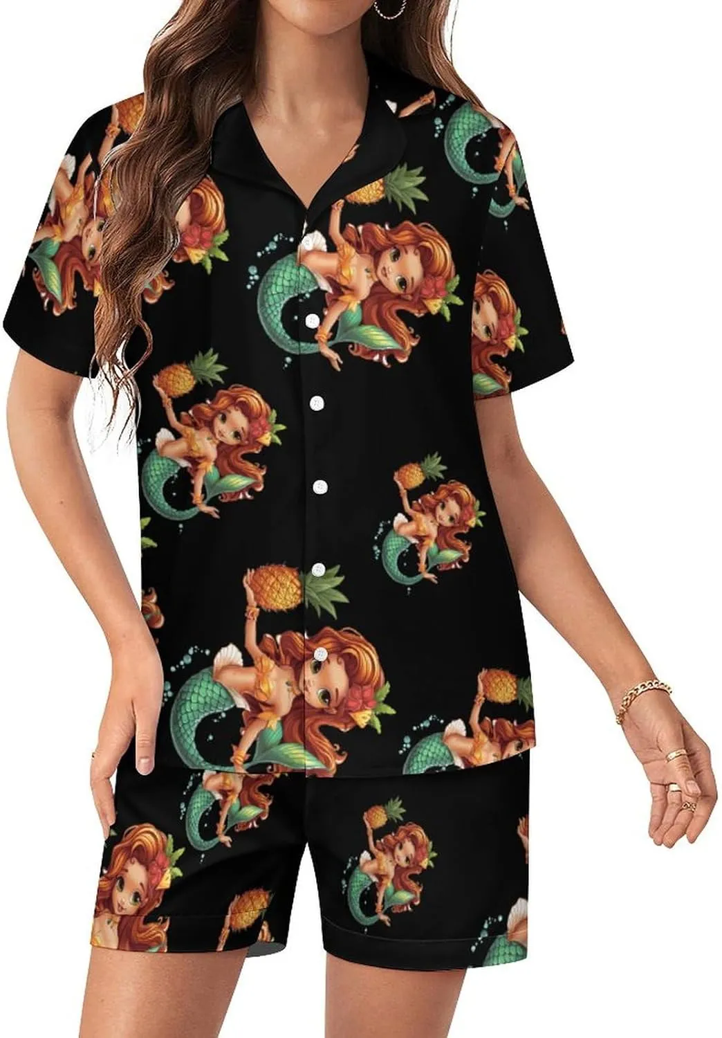 Tropical Pineapple Mermaidess Women's Satin Pajama Set Short Sleeve Button Down Sleepwear Loungewear Pj Set