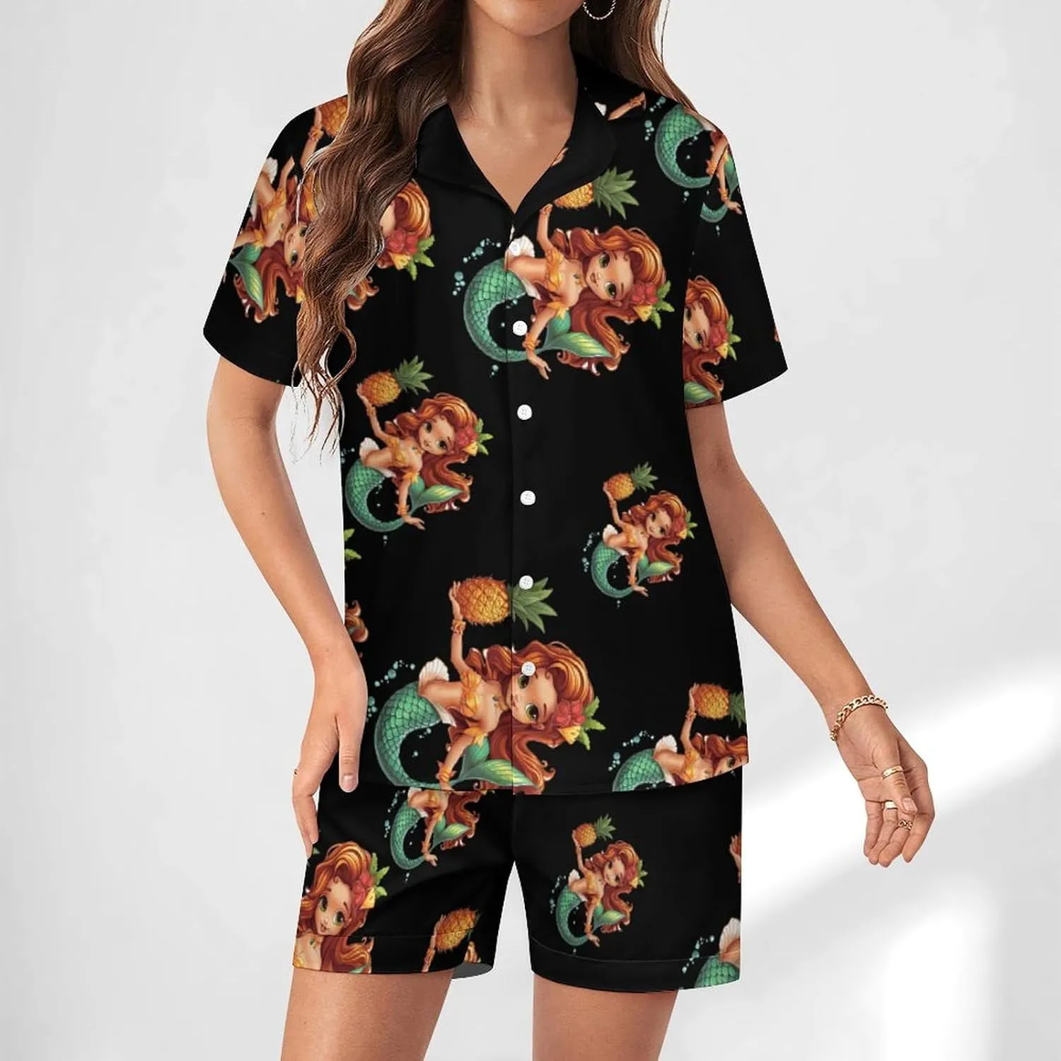 Tropical Pineapple Mermaidess Women's Satin Pajama Set Short Sleeve Button Down Sleepwear Loungewear Pj Set