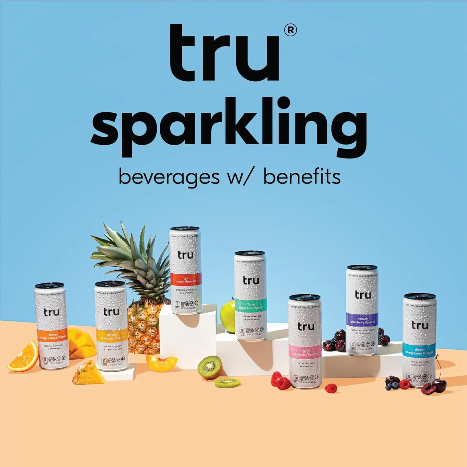 Tru Energy Seltzer, Sparkling Water with Natural Caffeine, Orange Mango Juice, Green Tea Extract & B Vitamins, Lightly Carbonated Energy Drink, Gluten Free, Vegan, Low Calorie, 12 FL OZ Cans, 12 Pack