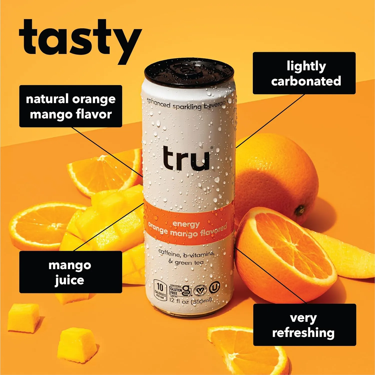 Tru Energy Seltzer, Sparkling Water with Natural Caffeine, Orange Mango Juice, Green Tea Extract & B Vitamins, Lightly Carbonated Energy Drink, Gluten Free, Vegan, Low Calorie, 12 FL OZ Cans, 12 Pack