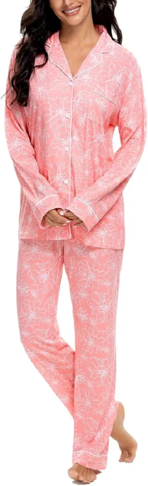 Tugege Pajamas Set Long Sleeve Sleepwear Womens Button Down Nightwear Pj Sets