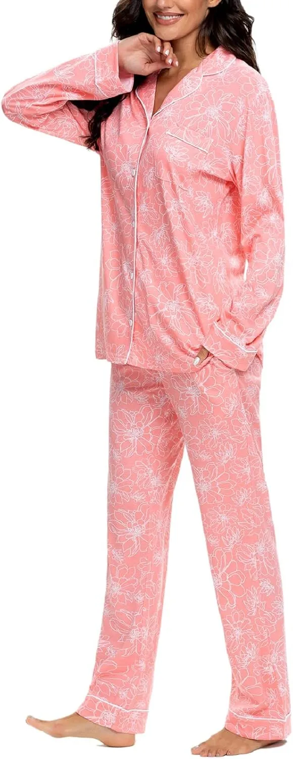 Tugege Pajamas Set Long Sleeve Sleepwear Womens Button Down Nightwear Pj Sets