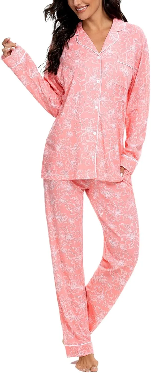 Tugege Pajamas Set Long Sleeve Sleepwear Womens Button Down Nightwear Pj Sets