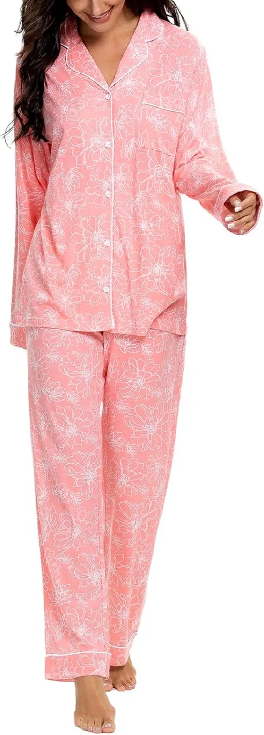Tugege Pajamas Set Long Sleeve Sleepwear Womens Button Down Nightwear Pj Sets