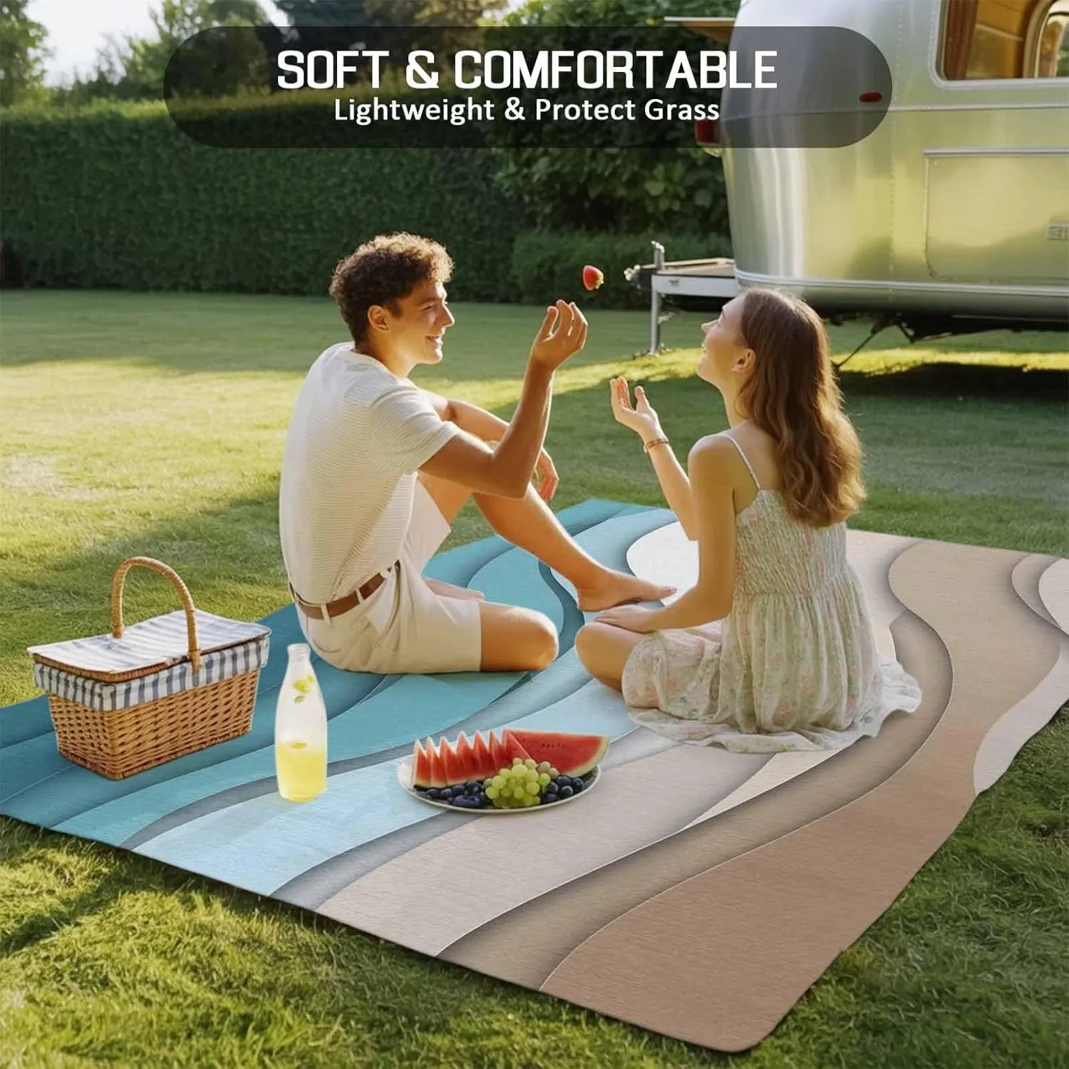 Turquoise Brown Outdoor Rug 6x9ft Large Patio Rug,Washable RV Camping Outside Area Runner Rug Mat,Teal White Geometric Gradient Stripes Carpet for Picnic Backyard Deck Porch Balcony Beach & Indoor