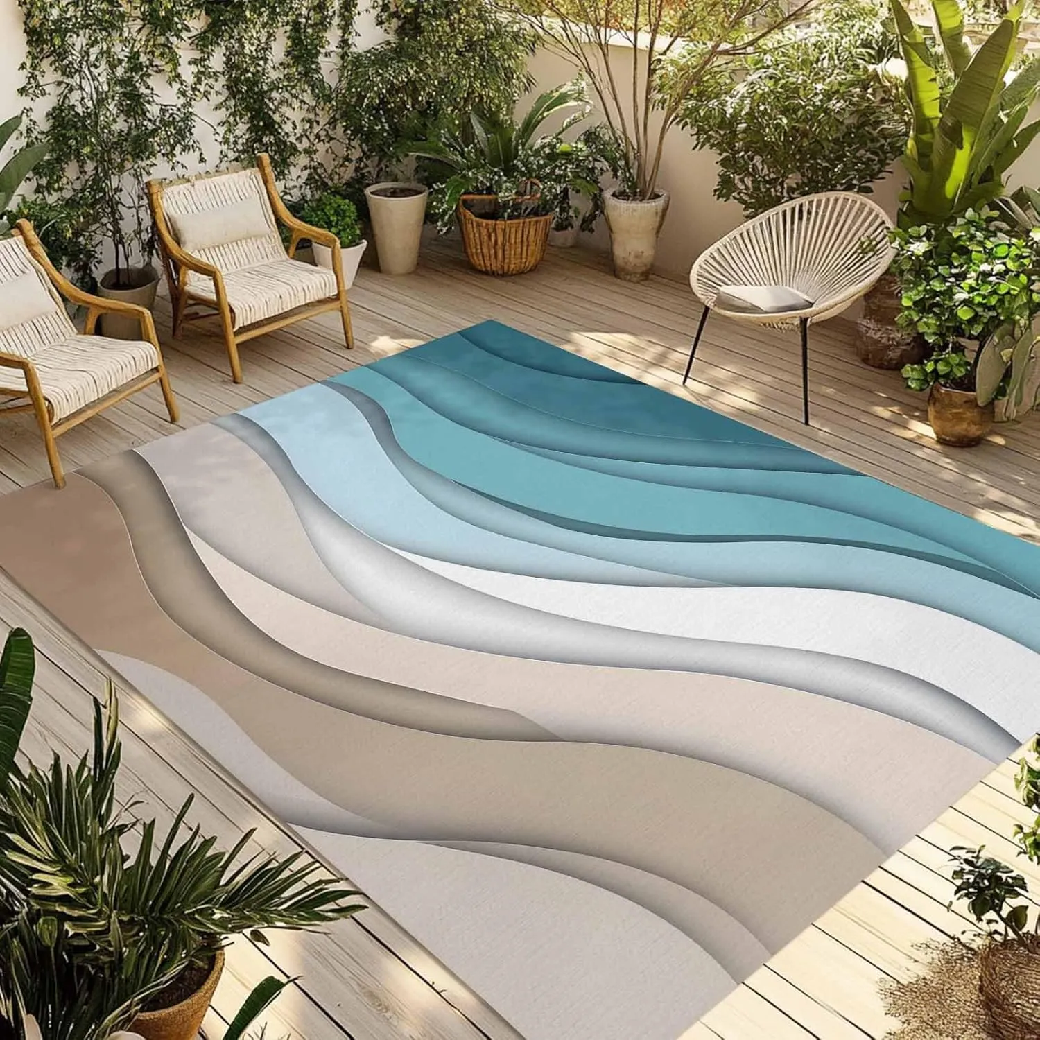 Turquoise Brown Outdoor Rug 6x9ft Large Patio Rug,Washable RV Camping Outside Area Runner Rug Mat,Teal White Geometric Gradient Stripes Carpet for Picnic Backyard Deck Porch Balcony Beach & Indoor