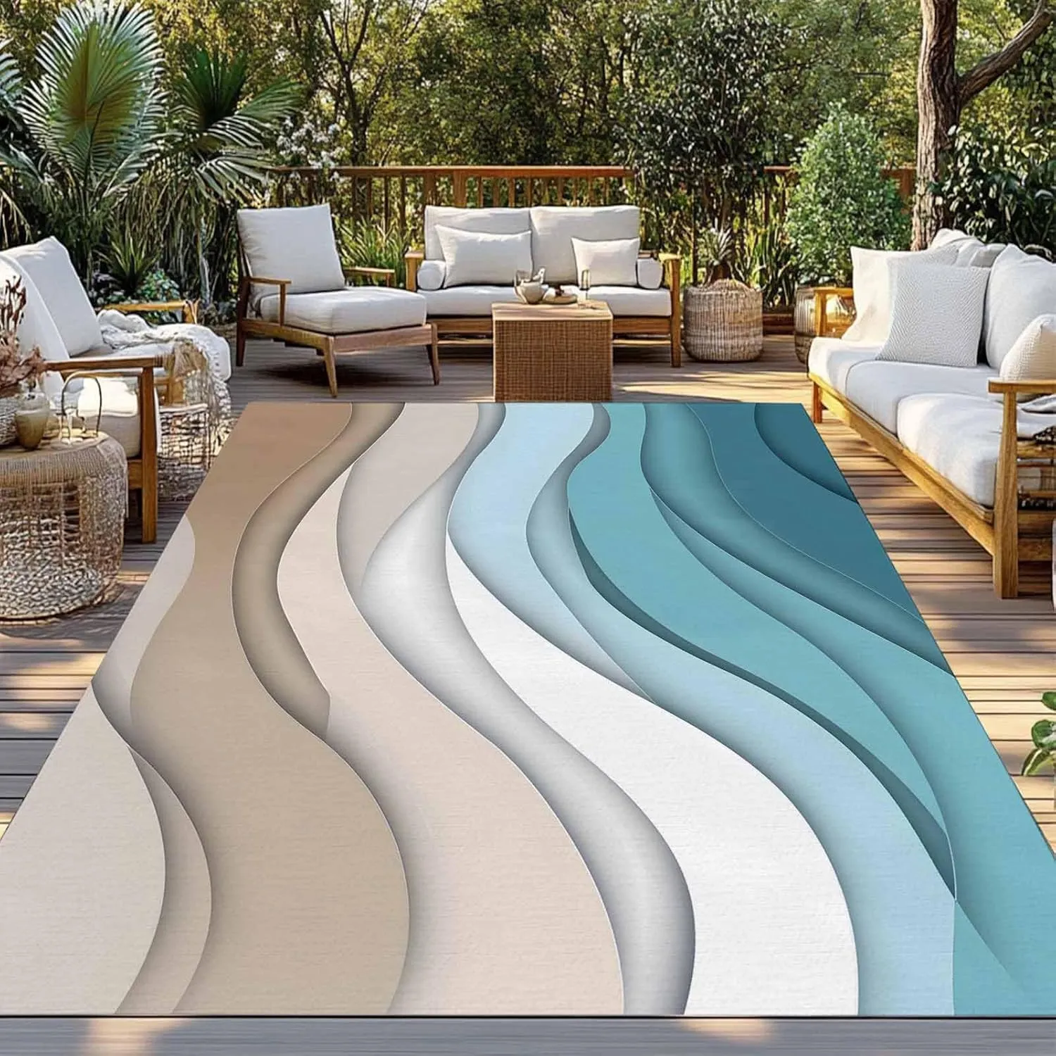 Turquoise Brown Outdoor Rug 6x9ft Large Patio Rug,Washable RV Camping Outside Area Runner Rug Mat,Teal White Geometric Gradient Stripes Carpet for Picnic Backyard Deck Porch Balcony Beach & Indoor