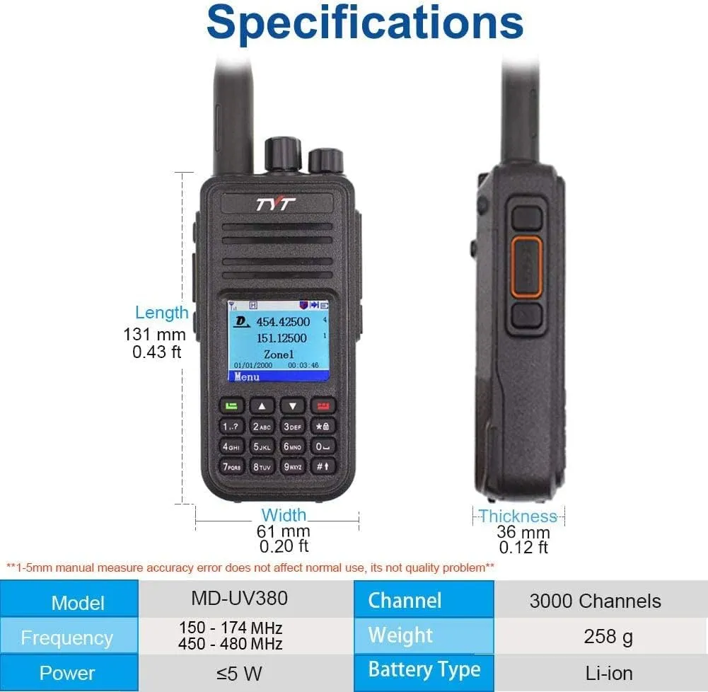 TYT MD-UV380 MD-380 Dual Band DMR Digital Radio VHF/UHF Walkie Talkie Handheld Two Way Radio with Programming Cable