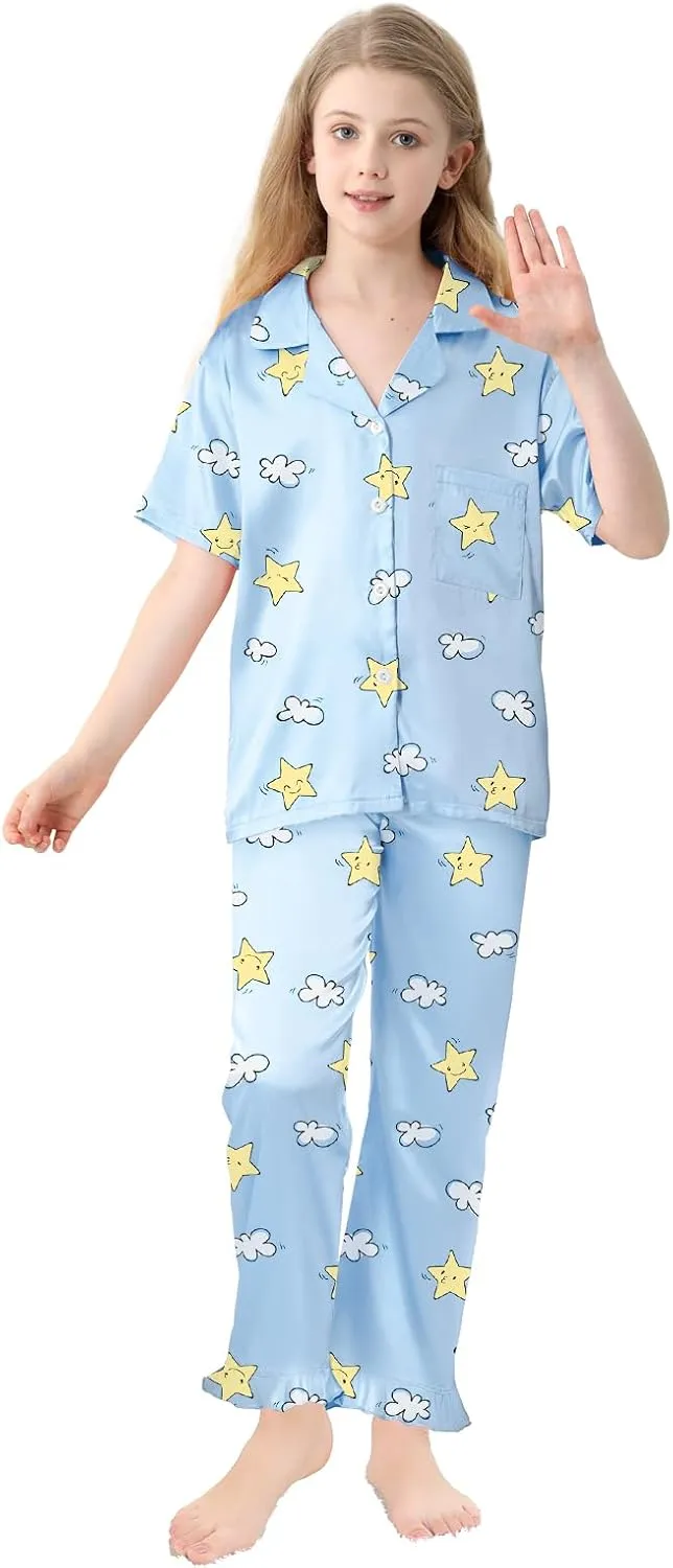 Umeyda Girls 3 Pieces Pajamas Sets Silk Satin Ruffle Sleepwear Short Sleeve Button-Down 3Pjs Nightwear, 5-14 Years