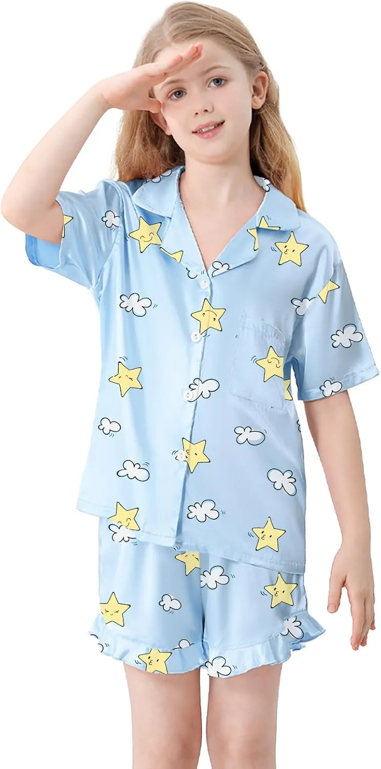 Umeyda Girls 3 Pieces Pajamas Sets Silk Satin Ruffle Sleepwear Short Sleeve Button-Down 3Pjs Nightwear, 5-14 Years