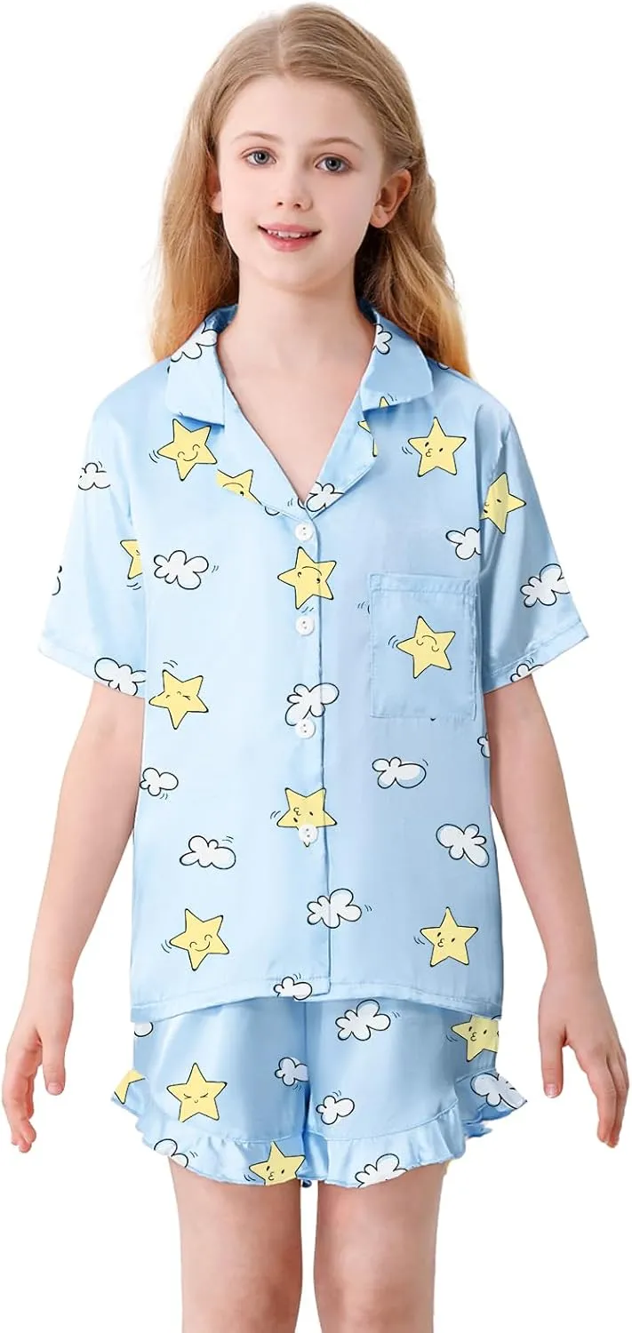 Umeyda Girls 3 Pieces Pajamas Sets Silk Satin Ruffle Sleepwear Short Sleeve Button-Down 3Pjs Nightwear, 5-14 Years