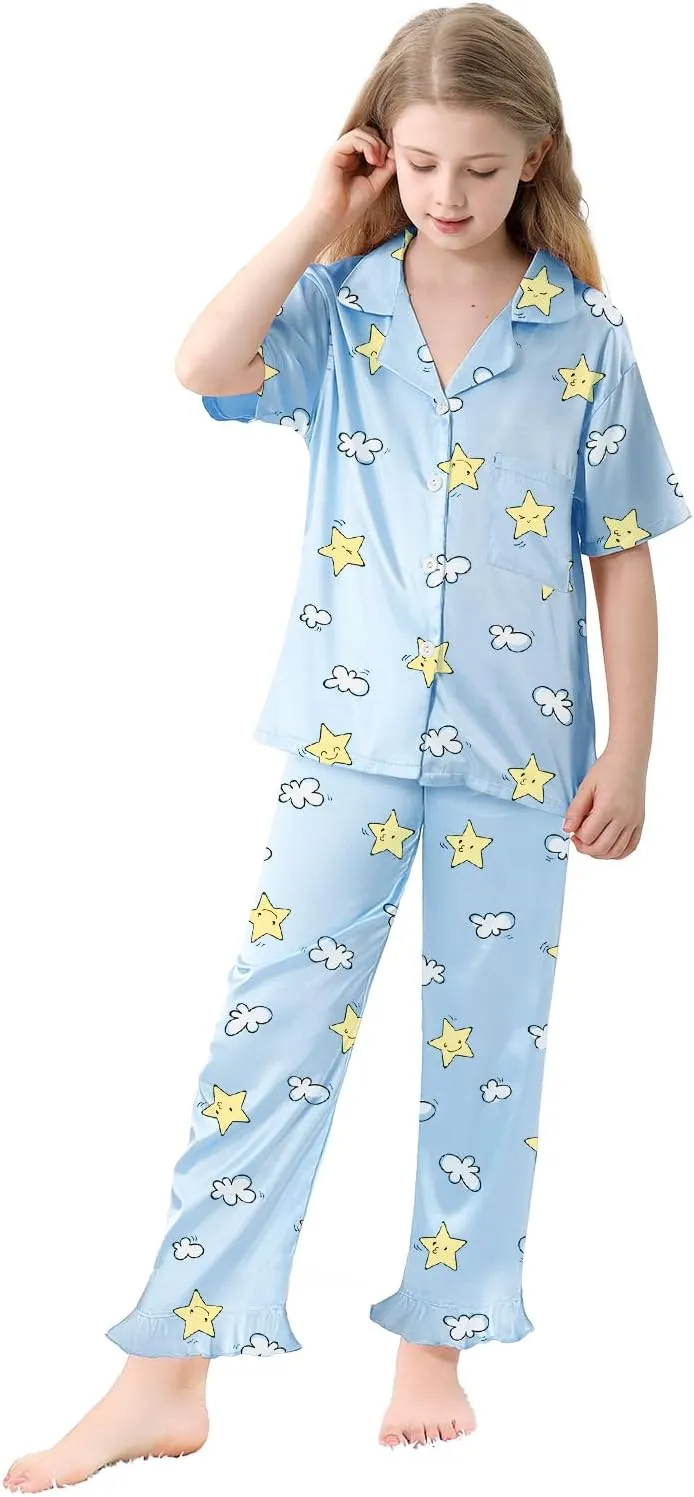 Umeyda Girls 3 Pieces Pajamas Sets Silk Satin Ruffle Sleepwear Short Sleeve Button-Down 3Pjs Nightwear, 5-14 Years