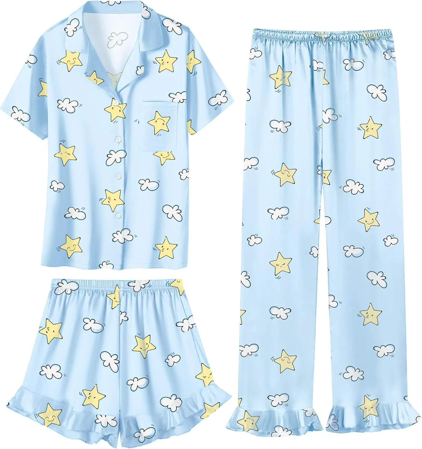Umeyda Girls 3 Pieces Pajamas Sets Silk Satin Ruffle Sleepwear Short Sleeve Button-Down 3Pjs Nightwear, 5-14 Years
