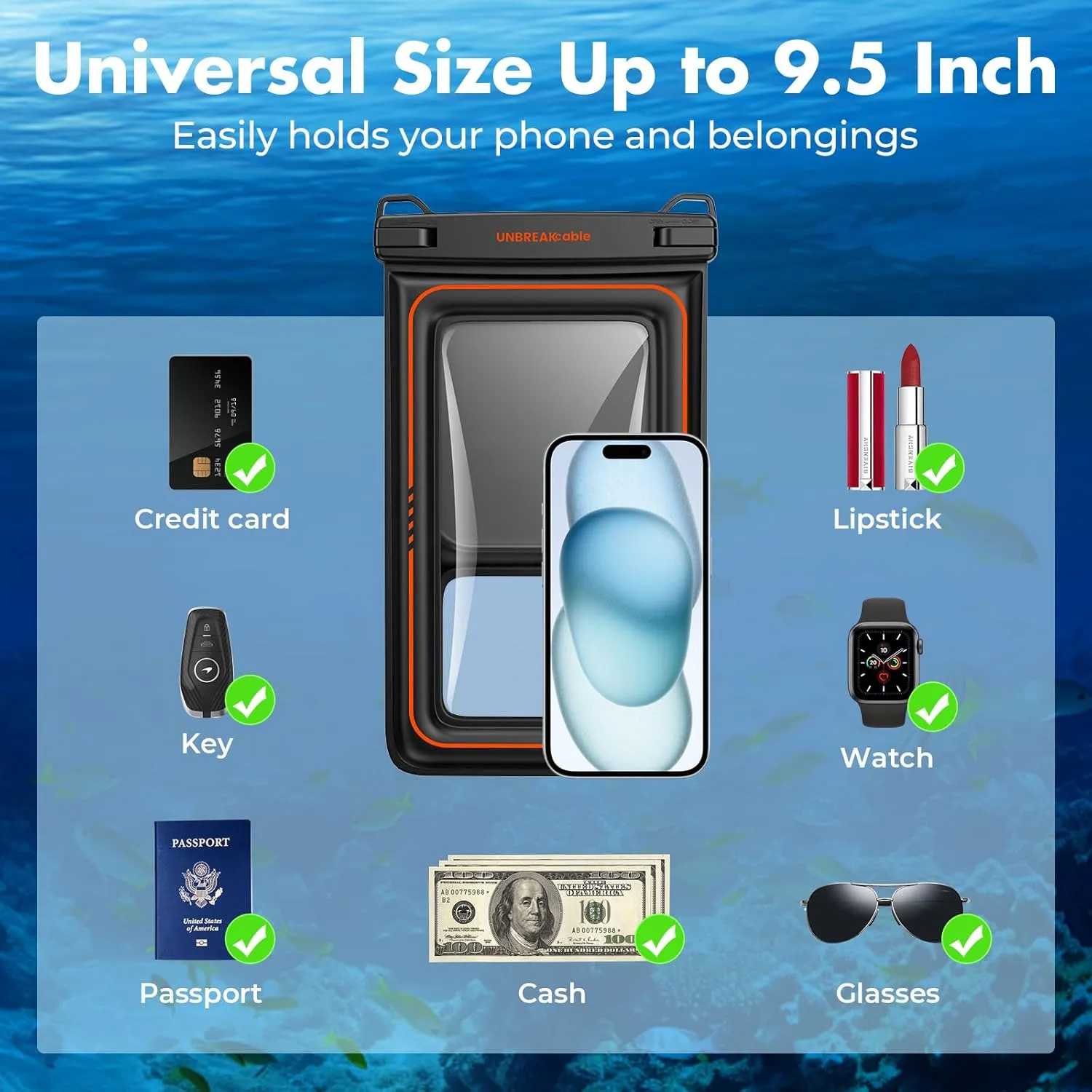 UNBREAKcable 9.5 Inch Large Waterproof Phone Pouch Floating [IPX8 Waterproof] [Sponge Cushion] Phone Case Dry Bag for iPhone 16 15 14 13 Pro Max Samsung S25, Travel Kayaking Beach Essentials - 2 Pack