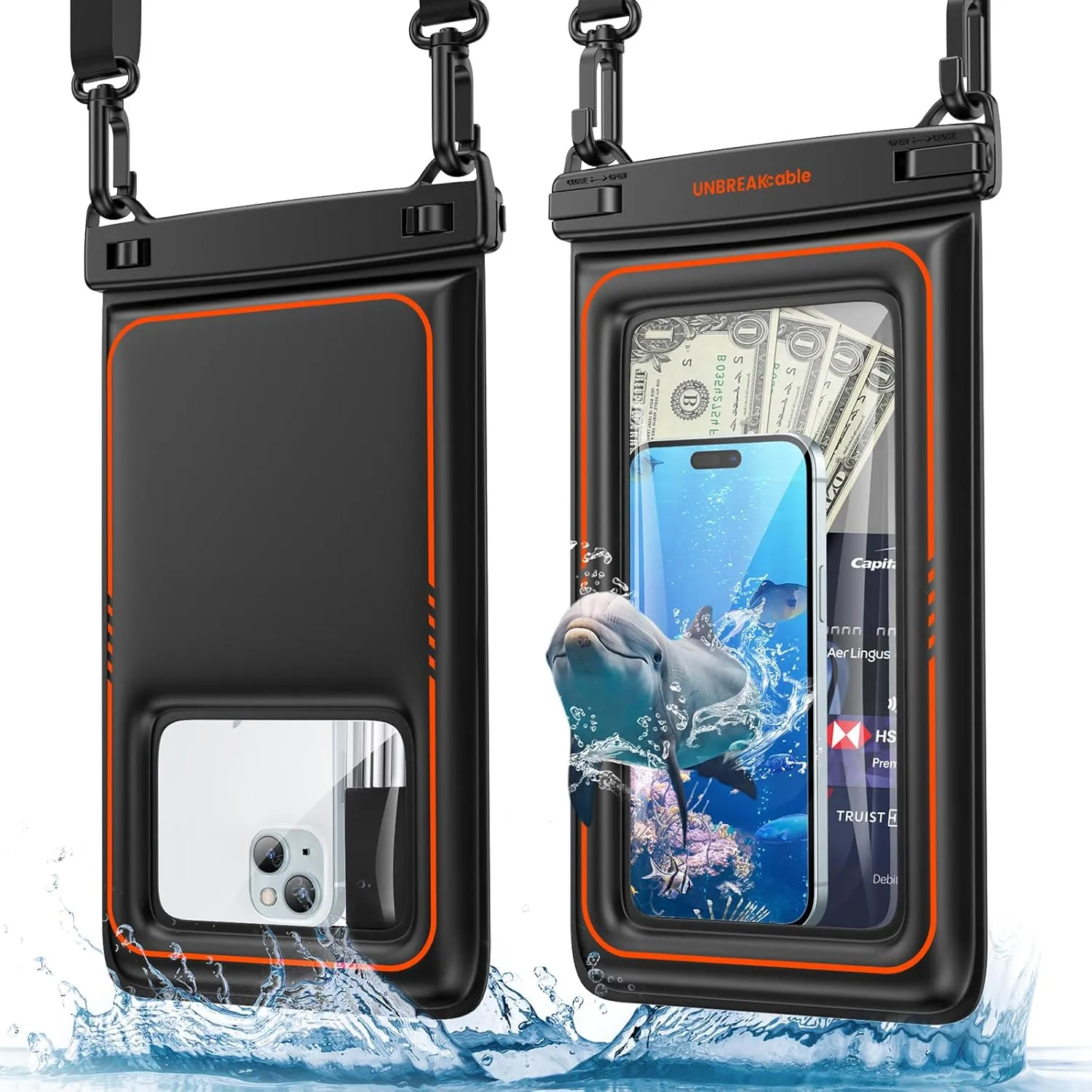 UNBREAKcable 9.5 Inch Large Waterproof Phone Pouch Floating [IPX8 Waterproof] [Sponge Cushion] Phone Case Dry Bag for iPhone 16 15 14 13 Pro Max Samsung S25, Travel Kayaking Beach Essentials - 2 Pack