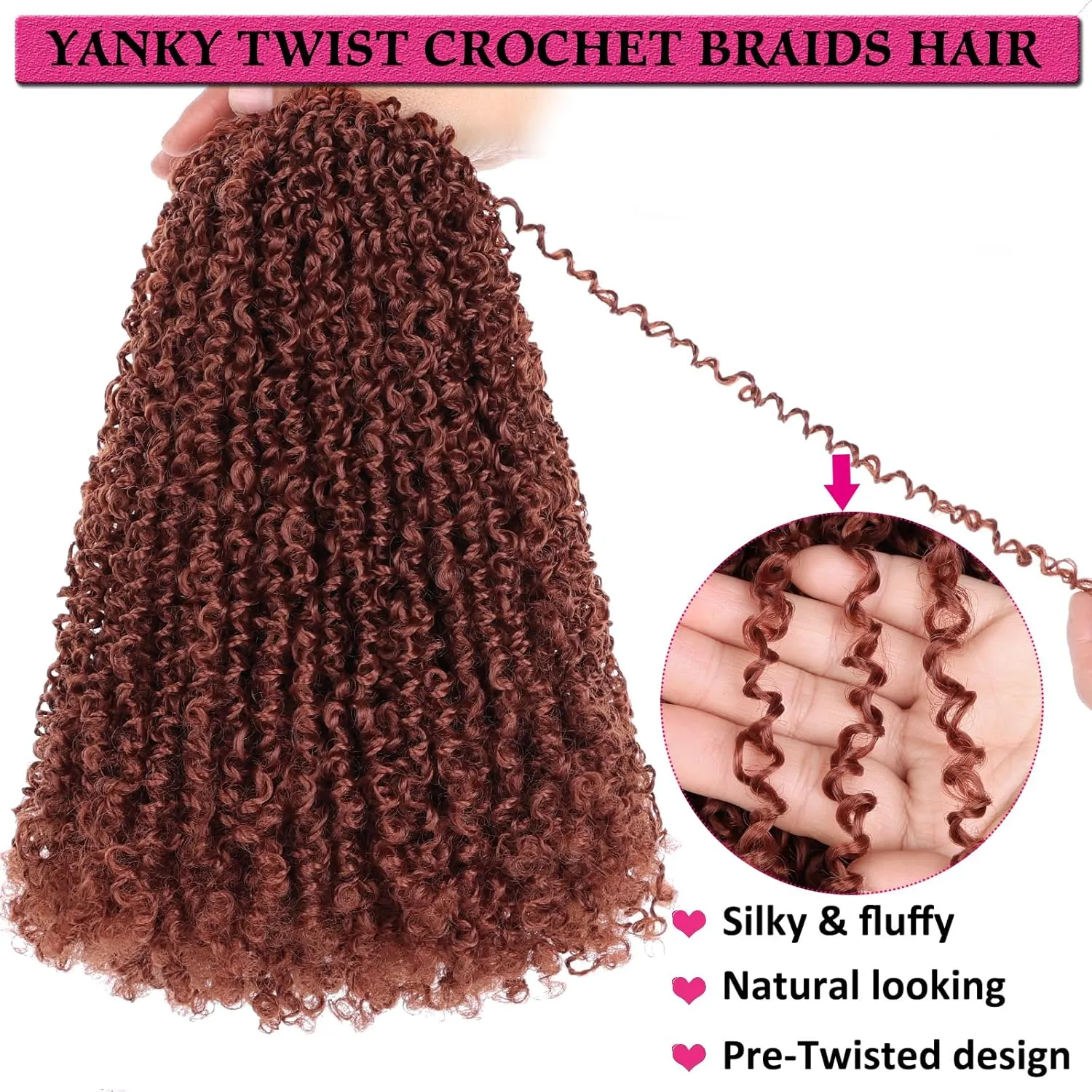 Unionbeauty Pre-looped Yanky Twist Crochet Hair 12 Inch 8PCS Copper Red Micro Passion Twist Hair Pre-twisted Micro Twist Crochet Braid Hair with Bouncy Spring Twist Hair Synthetic Hair Extensions 350#