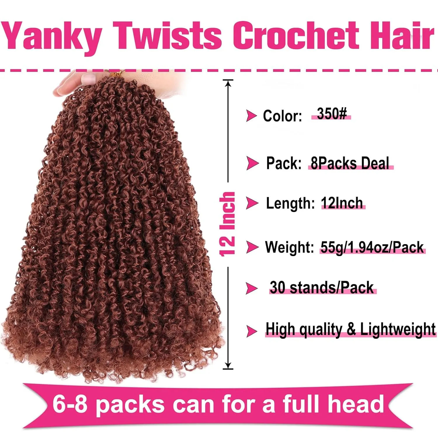 Unionbeauty Pre-looped Yanky Twist Crochet Hair 12 Inch 8PCS Copper Red Micro Passion Twist Hair Pre-twisted Micro Twist Crochet Braid Hair with Bouncy Spring Twist Hair Synthetic Hair Extensions 350#