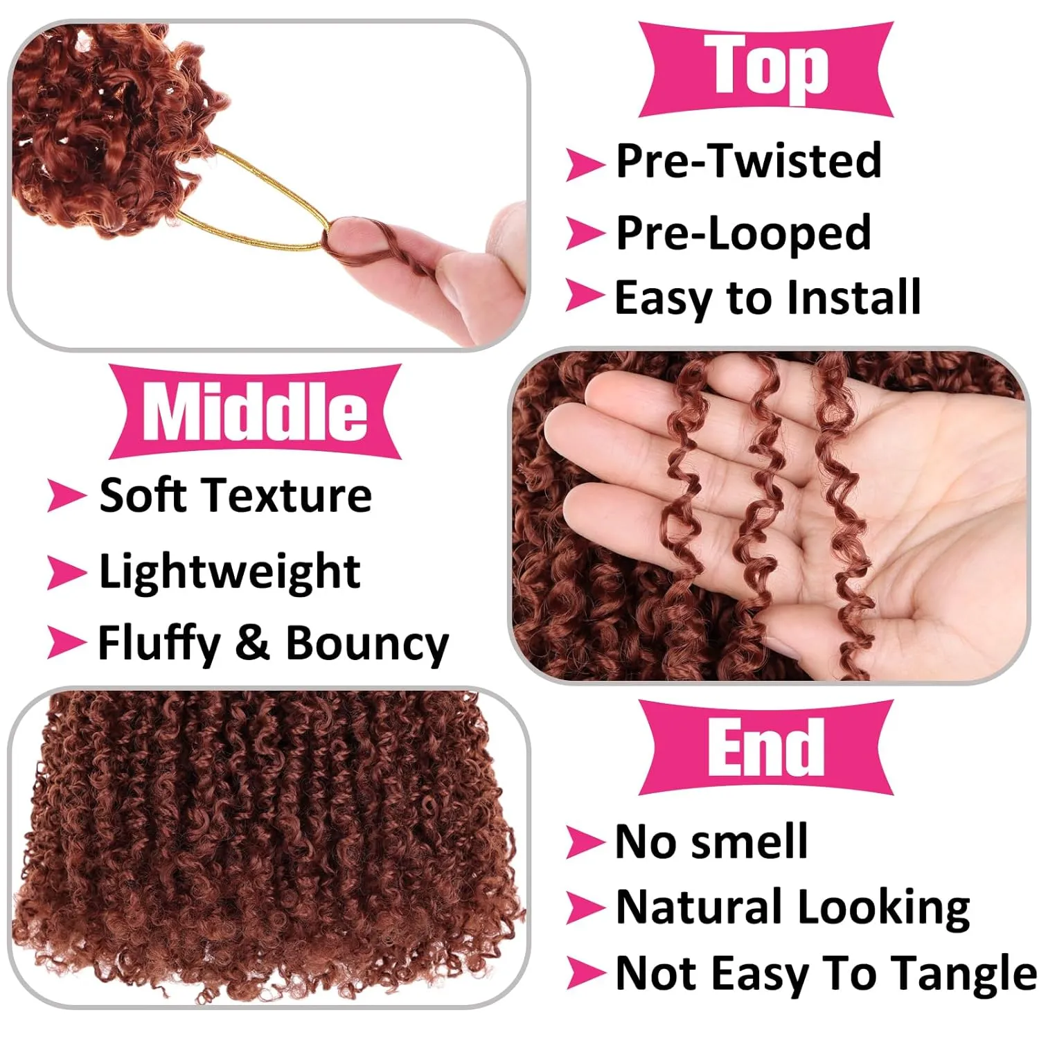 Unionbeauty Pre-looped Yanky Twist Crochet Hair 12 Inch 8PCS Copper Red Micro Passion Twist Hair Pre-twisted Micro Twist Crochet Braid Hair with Bouncy Spring Twist Hair Synthetic Hair Extensions 350#