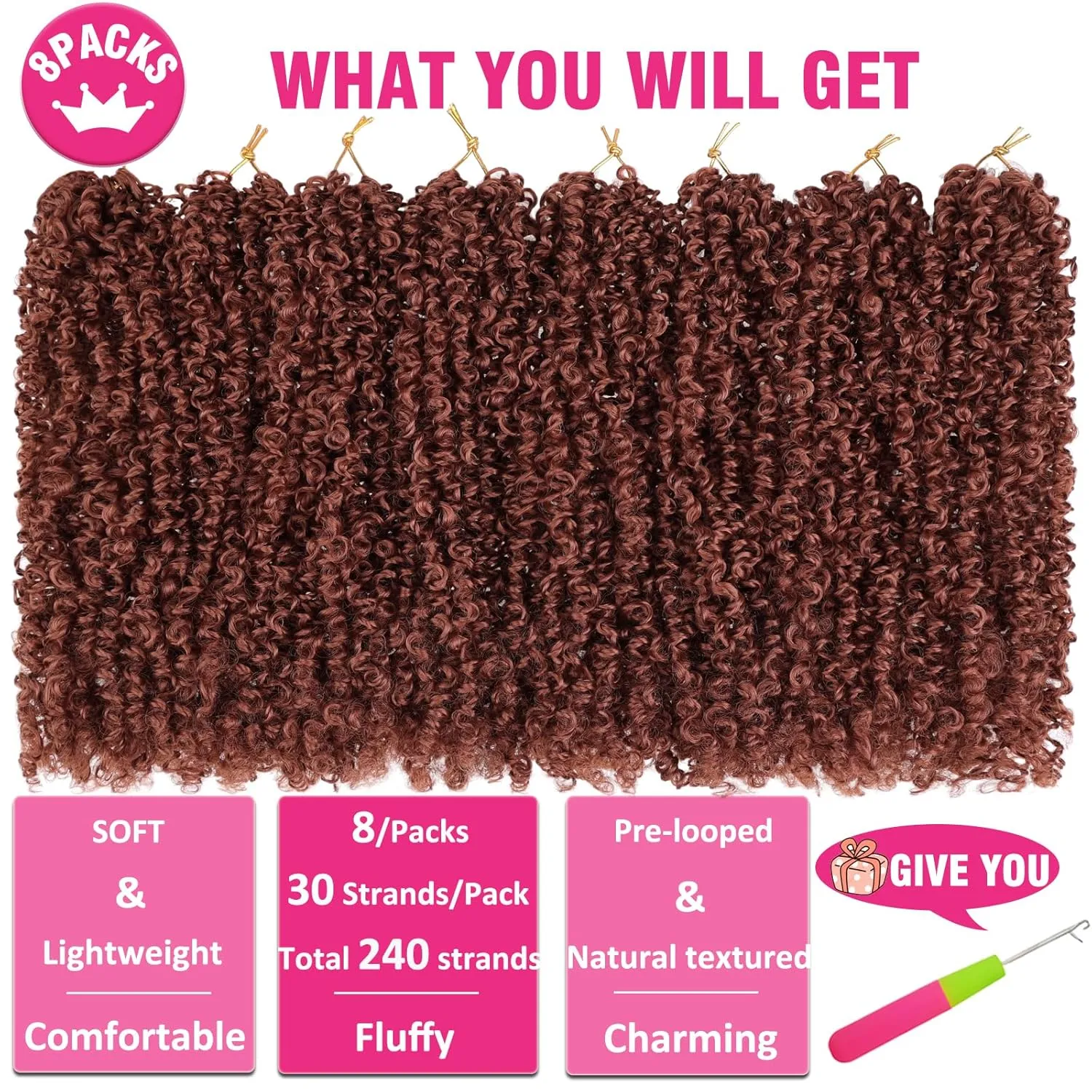 Unionbeauty Pre-looped Yanky Twist Crochet Hair 12 Inch 8PCS Copper Red Micro Passion Twist Hair Pre-twisted Micro Twist Crochet Braid Hair with Bouncy Spring Twist Hair Synthetic Hair Extensions 350#