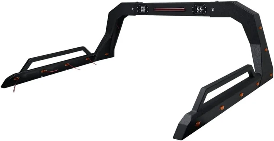 Universal Adjustable Truck Bed Chase Rack Roll Bar with Side Rails Handle & 3rd Third Brake Light & 2X LED Work Lamps Bars & 14x Amber Side Marker for Pickup (Textured Black)
