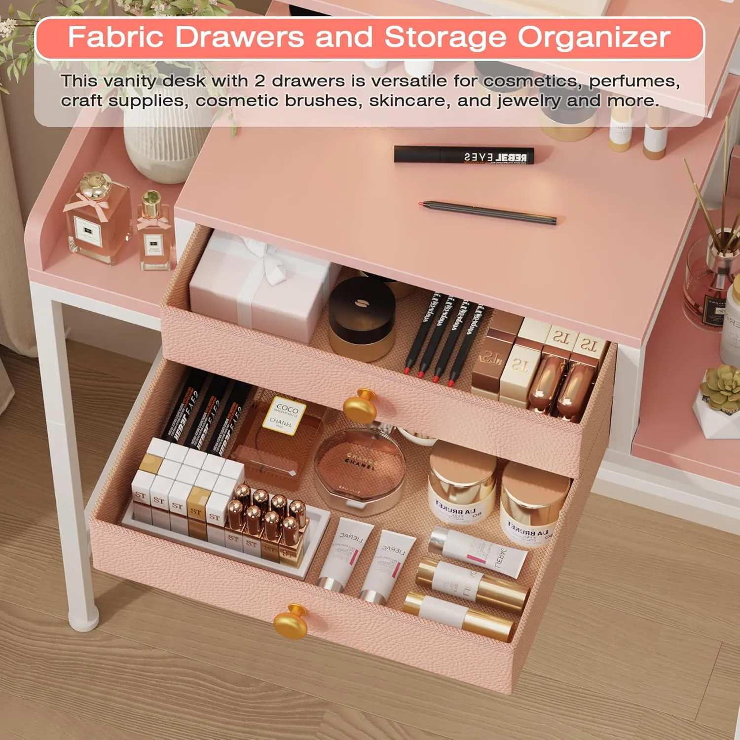 Vanity Desk with Mirror and Lights, 28.4''W Small Makeup Vanity Table with Height-Adjustable Stand, 2 Fabric Drawers Compact Makeup Desk, Gift for Girls, Bedroom Small Space, Pink