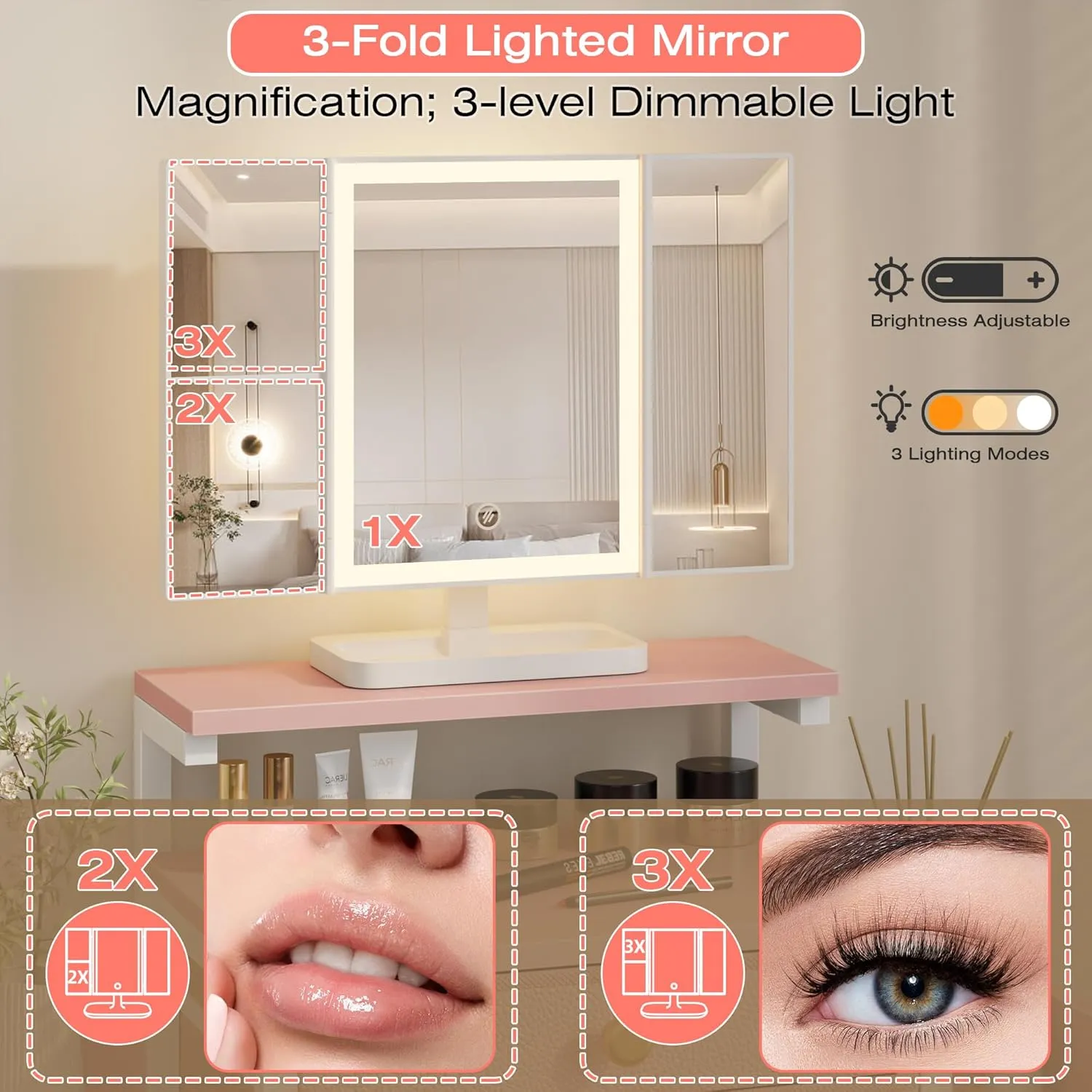 Vanity Desk with Mirror and Lights, 28.4''W Small Makeup Vanity Table with Height-Adjustable Stand, 2 Fabric Drawers Compact Makeup Desk, Gift for Girls, Bedroom Small Space, Pink