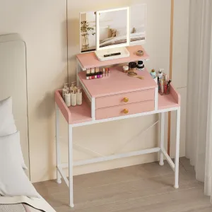 Vanity Desk with Mirror and Lights, 28.4''W Small Makeup Vanity Table with Height-Adjustable Stand, 2 Fabric Drawers Compact Makeup Desk, Gift for Girls, Bedroom Small Space, Pink