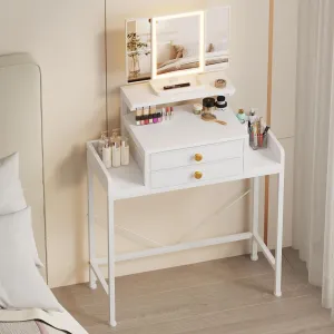 Vanity Desk with Mirror and Lights, 28.4''W Small Makeup Vanity Table with Height-Adjustable Stand, 2 Fabric Drawers Compact Makeup Desk, Gift for Girls, Bedroom Small Space, White