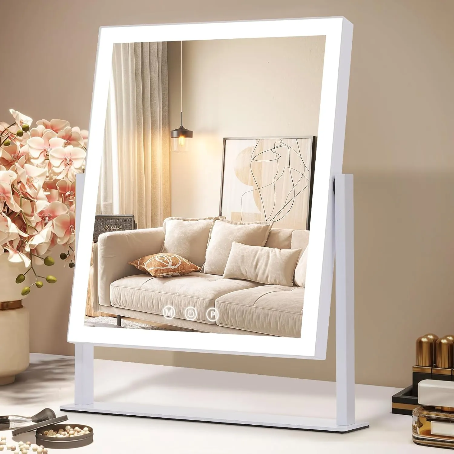 Vanity Mirror with Lights,LED Lighted Makeup Mirror with 3 Colour Modes,9.8" x 12"Dimmable Touch Screen Desk Mirror with Lights,Dual Power Supply,360° Rotation,White