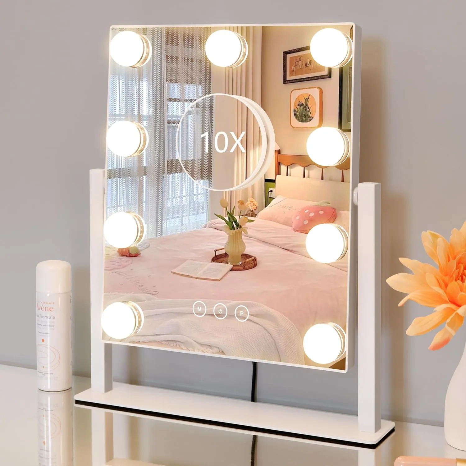 Vanity Mirror with Lights,Lighted Vanity Mirror with 9 Dimmable Bulbs for Dressing Room & Bedroom,3 Color Lighting,Modes Detachable 10x Magnification 360°Ratation(White) 12" L x 14.4" W