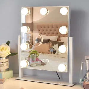 Vanity Mirror with Lights,Lighted Vanity Mirror with 9 Dimmable Bulbs for Dressing Room & Bedroom,3 Color Lighting,Modes Detachable 10x Magnification 360°Ratation(White) 12" L x 14.4" W