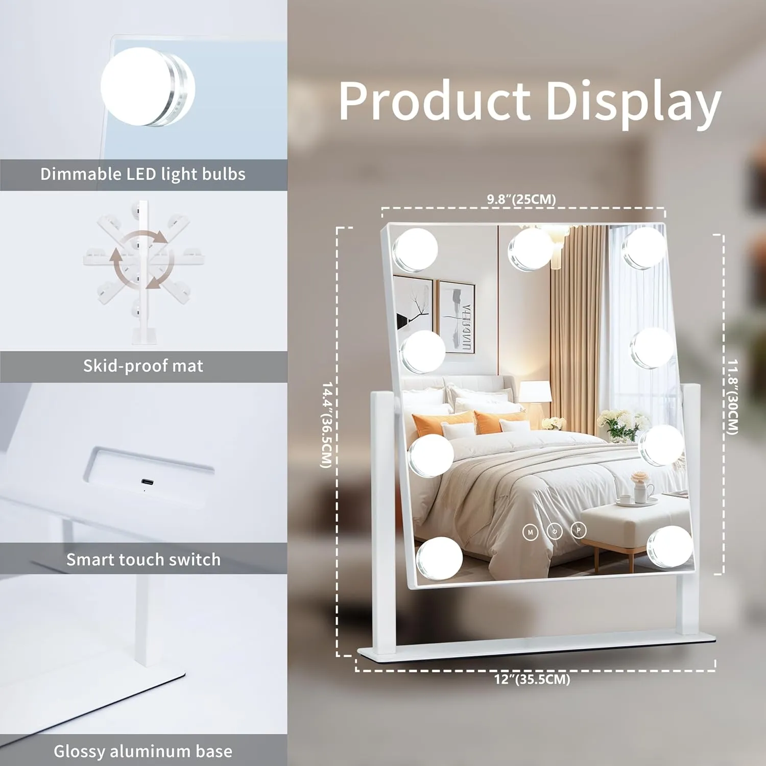 Vanity Mirror with Lights,Lighted Vanity Mirror with 9 Dimmable Bulbs for Dressing Room & Bedroom,3 Color Lighting,Modes Detachable 10x Magnification 360°Ratation(White) 12" L x 14.4" W