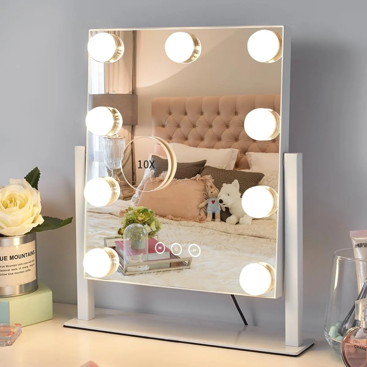 Vanity Mirror with Lights,Lighted Vanity Mirror with 9 Dimmable Bulbs for Dressing Room & Bedroom,3 Color Lighting,Modes Detachable 10x Magnification 360°Ratation(White) 12" L x 14.4" W
