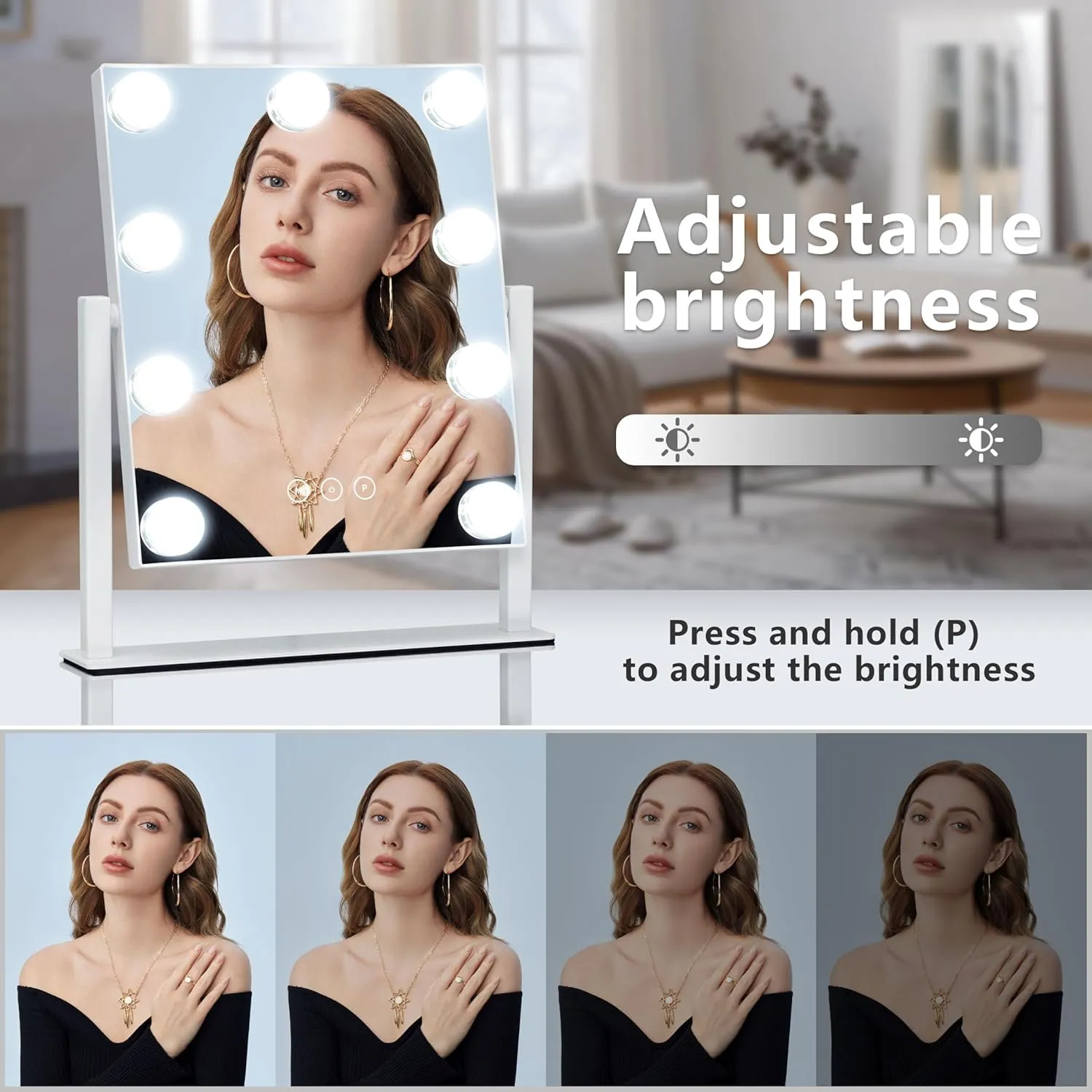 Vanity Mirror with Lights,Lighted Vanity Mirror with 9 Dimmable Bulbs for Dressing Room & Bedroom,3 Color Lighting,Modes Detachable 10x Magnification 360°Ratation(White) 12" L x 14.4" W