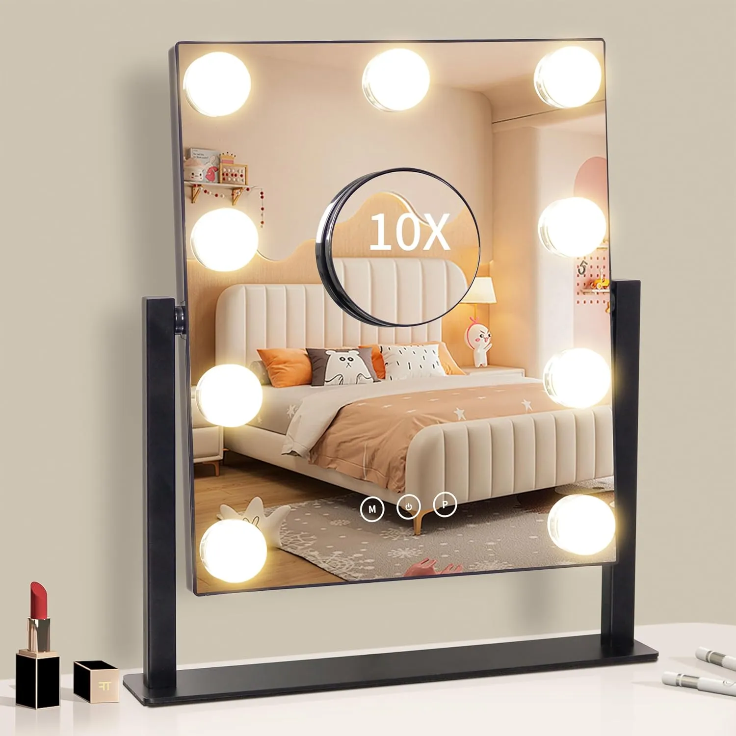 Vanity Mirror with Lights,Makeup Mirror with Lights with 9 Dimmable LED Bulbs, 3 Color Lighting Modes Detachable 10X Magnification Mirror Touch Control,360°Rotation