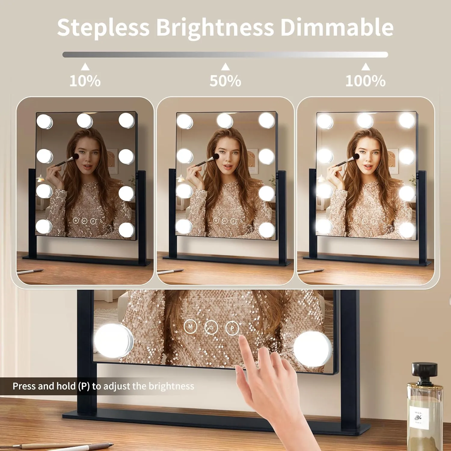 Vanity Mirror with Lights,Makeup Mirror with Lights with 9 Dimmable LED Bulbs, 3 Color Lighting Modes Detachable 10X Magnification Mirror Touch Control,360°Rotation