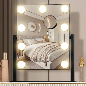 Vanity Mirror with Lights,Makeup Mirror with Lights with 9 Dimmable LED Bulbs, 3 Color Lighting Modes Detachable 10X Magnification Mirror Touch Control,360°Rotation