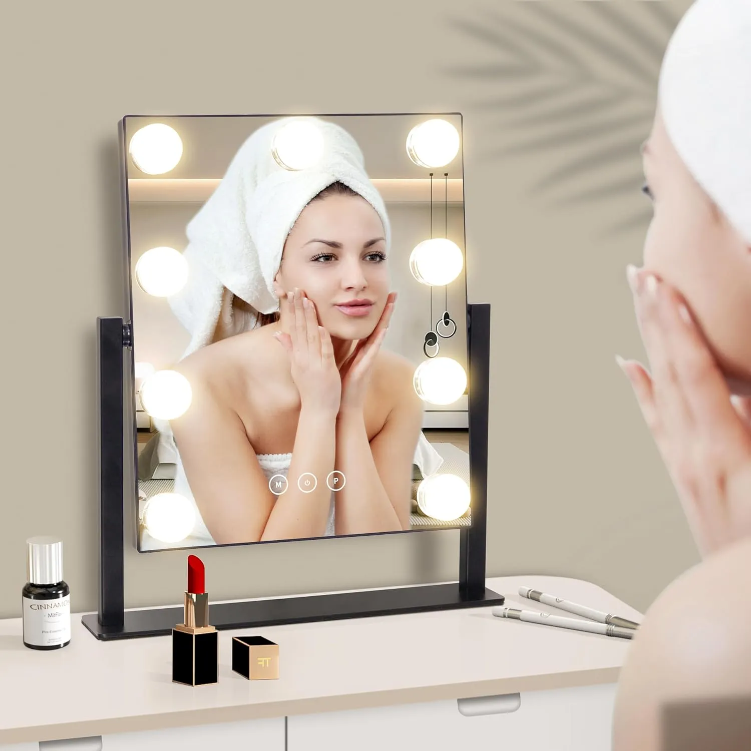 Vanity Mirror with Lights,Makeup Mirror with Lights with 9 Dimmable LED Bulbs, 3 Color Lighting Modes Detachable 10X Magnification Mirror Touch Control,360°Rotation