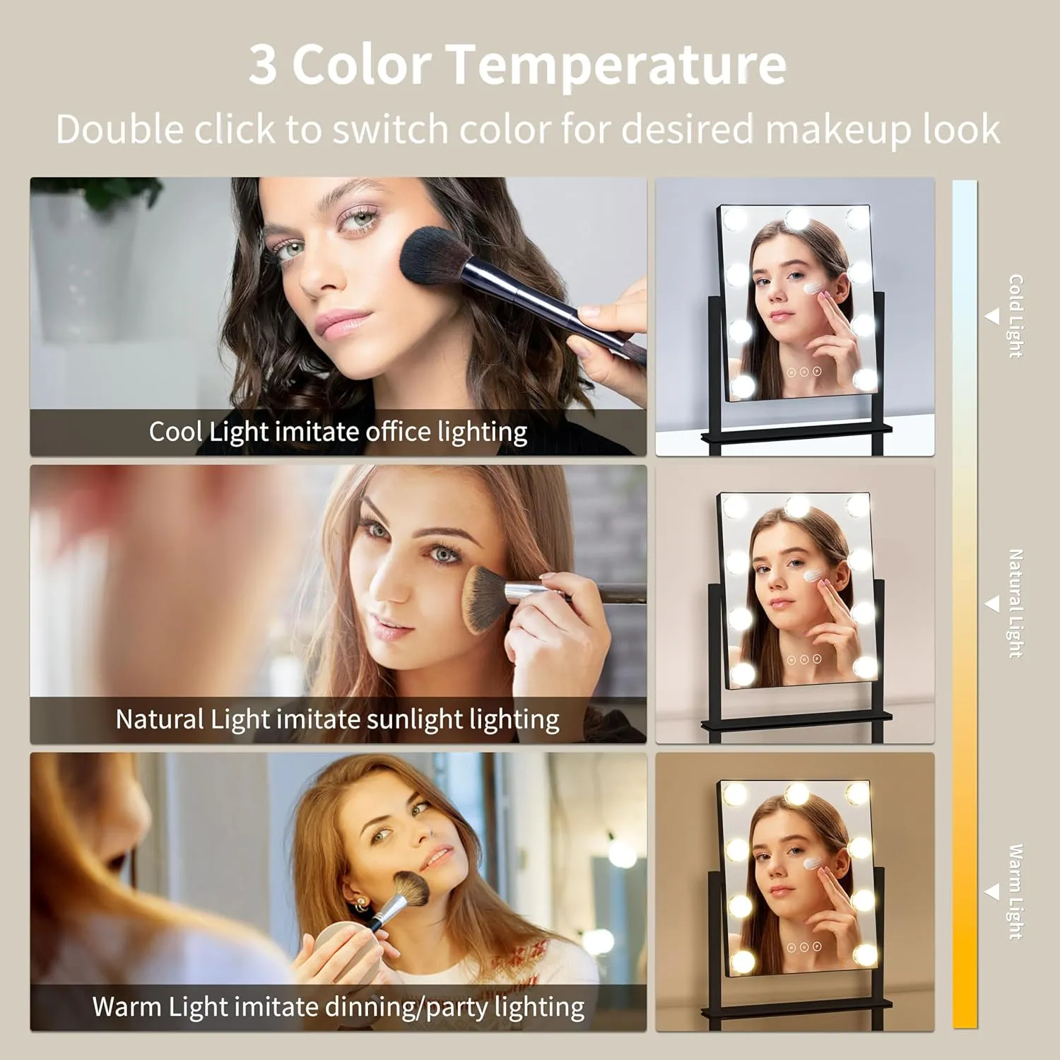 Vanity Mirror with Lights,Makeup Mirror with Lights with 9 Dimmable LED Bulbs, 3 Color Lighting Modes Detachable 10X Magnification Mirror Touch Control,360°Rotation