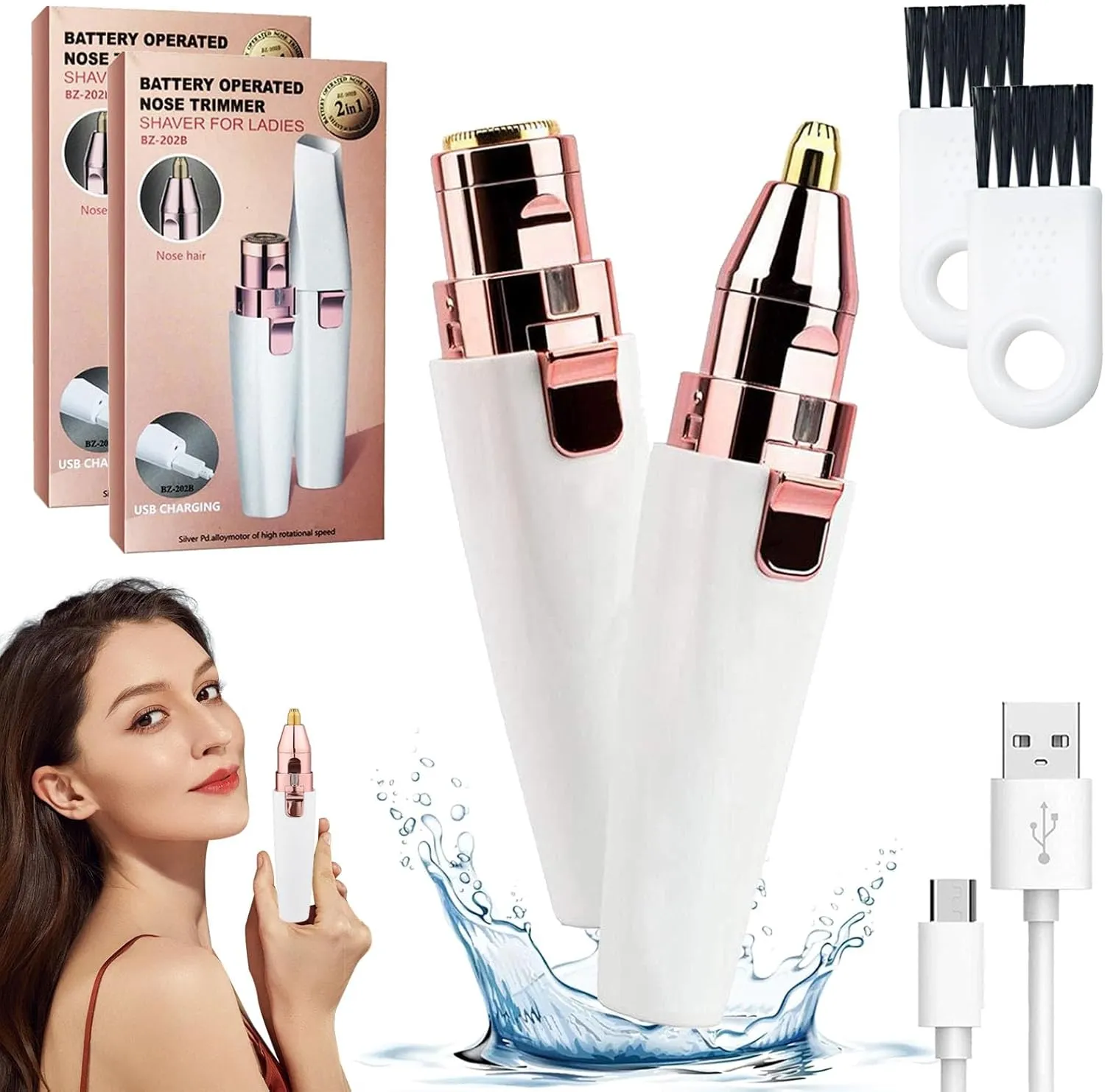 Variablek 2-in-1 Women's Eyebrow and Facial Hair Removal Device, Variablek Rechargeable Facial Hair Remover and Eyebrow Trimmer, Portable Shaver with LED Light for Women Face Lips Chin Nose (2pcs)