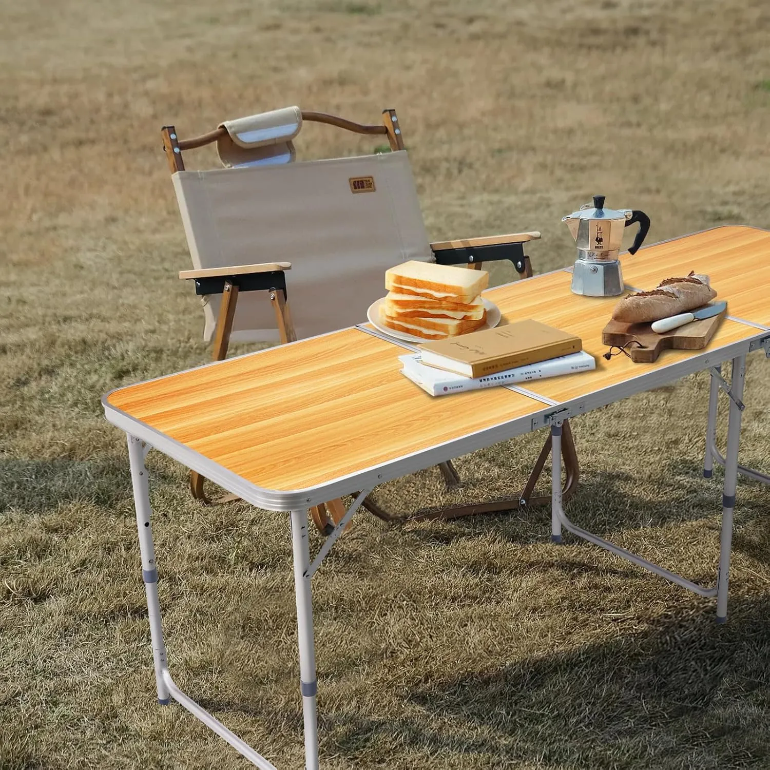 Vasitelan Folding Portable Camping Table, Outdoor Dining Picnic Table for Grill, DJ, BBQ, Dining, Picnic, Cooking, Beach, Garden (Wood Color, 6 FT)