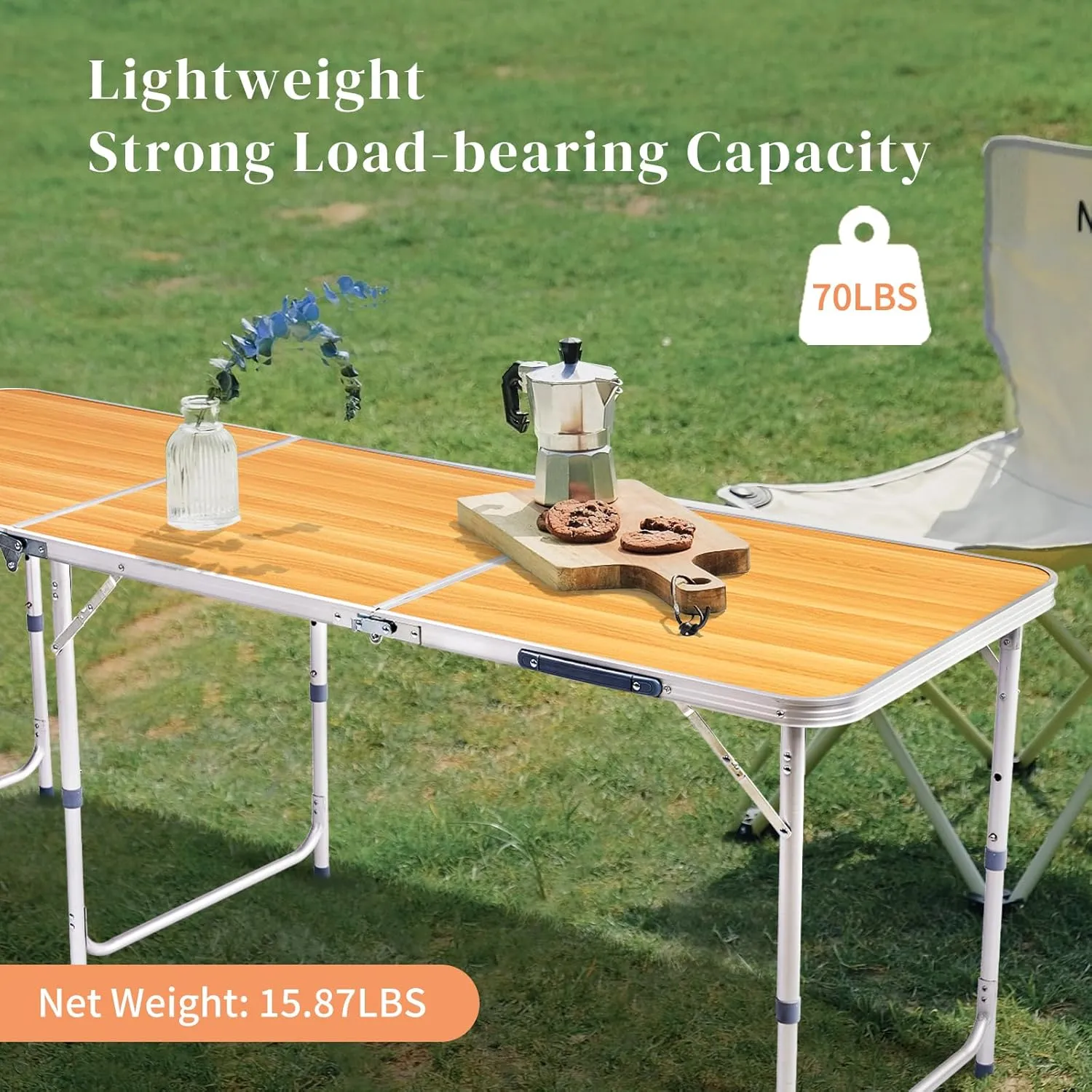 Vasitelan Folding Portable Camping Table, Outdoor Dining Picnic Table for Grill, DJ, BBQ, Dining, Picnic, Cooking, Beach, Garden (Wood Color, 6 FT)