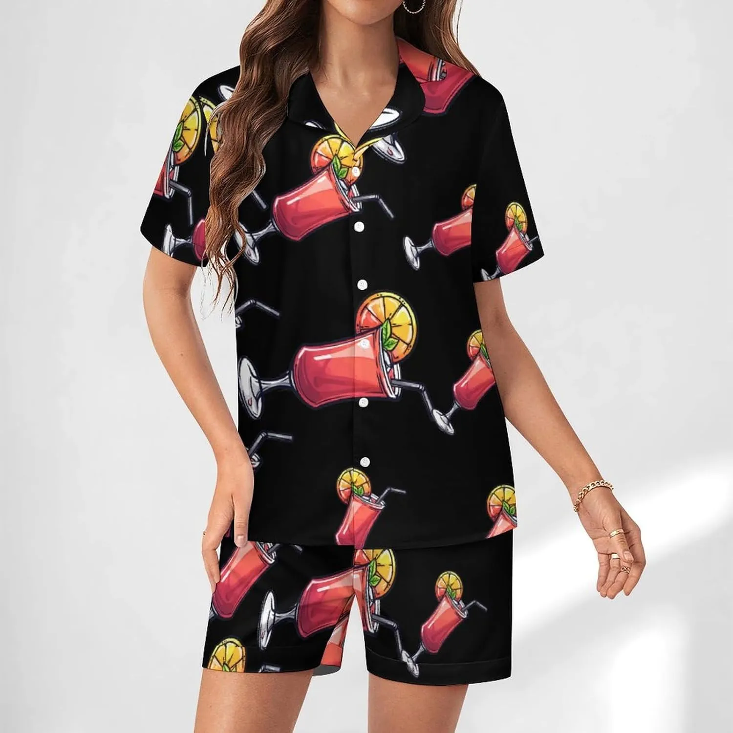 Vegetarian Alcoholic Drink Cocktail Women's Satin Pajama Set Short Sleeve Button Down Sleepwear Loungewear Pj Set