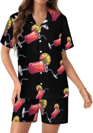 Vegetarian Alcoholic Drink Cocktail Women's Satin Pajama Set Short Sleeve Button Down Sleepwear Loungewear Pj Set