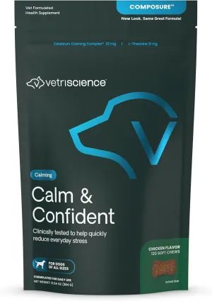 VetriScience Calm & Confident Chews, Composure Clinically Tested Calming Supplement for Dogs, Reduce Stress & Fear, Ideal for Thunderstorms, Fireworks & Travel, Chicken, 120 Count - New Look
